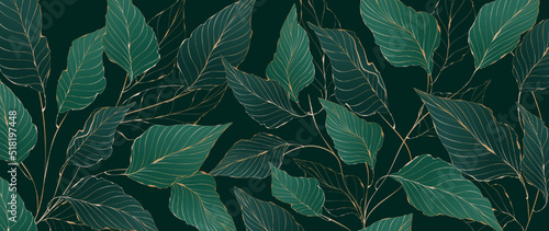 Luxury abstract art background in green tones with tropical leaves in golden line style. Hand drawn botanical banner for decoration design, print, interior design, wallpaper.