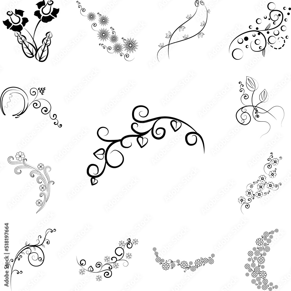 decorative flowers, hand draw icon in a collection with other items decorative flowers, hand draw icon in a collection with other items
