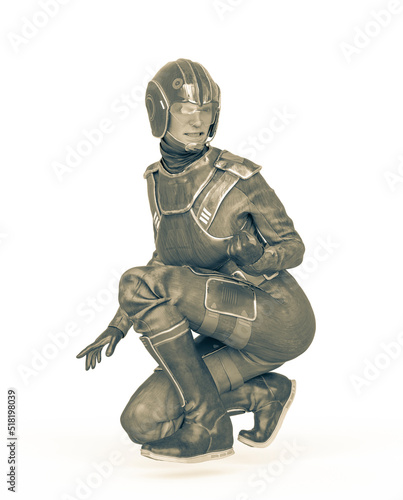 space runner girl is crouching and looking back in anger