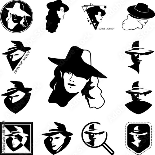 detective woman black and white icon in a collection with other items