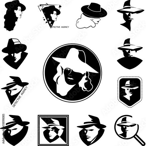 detective woman stamp black and white icon in a collection with other items