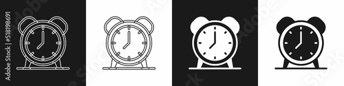 Set Alarm clock icon isolated on black and white background. Wake up, get up concept. Time sign. Vector