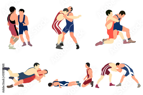 Vector collection of athletes wrestlers in wrestling, duel, fight. Greco Roman, freestyle, classical wrestling.