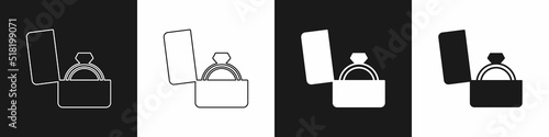 Set Diamond engagement ring in a box icon isolated on black and white background. Vector