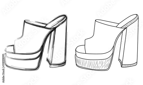 Drawing sketch outline of the silhouette of women's sandals, mules. Line style and brush strokes