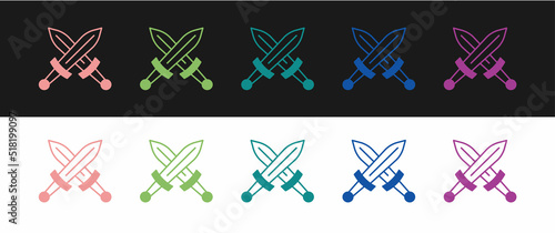 Set Crossed medieval sword icon isolated on black and white background. Medieval weapon. Vector