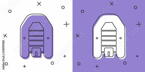 Set Inflatable boat with outboard motor icon isolated on white and purple background. Vector