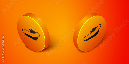 Isometric Inflatable boat with outboard motor icon isolated on orange background. Orange circle button. Vector