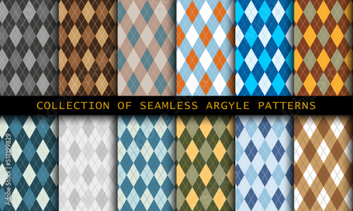 Seamless argyle pattern. Diamond shapes background. Vector colorful bright set