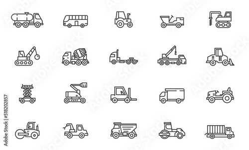 Construction truck line icon set. Garbage container trailer transport vehicle heavy cargo construction industry line icon.