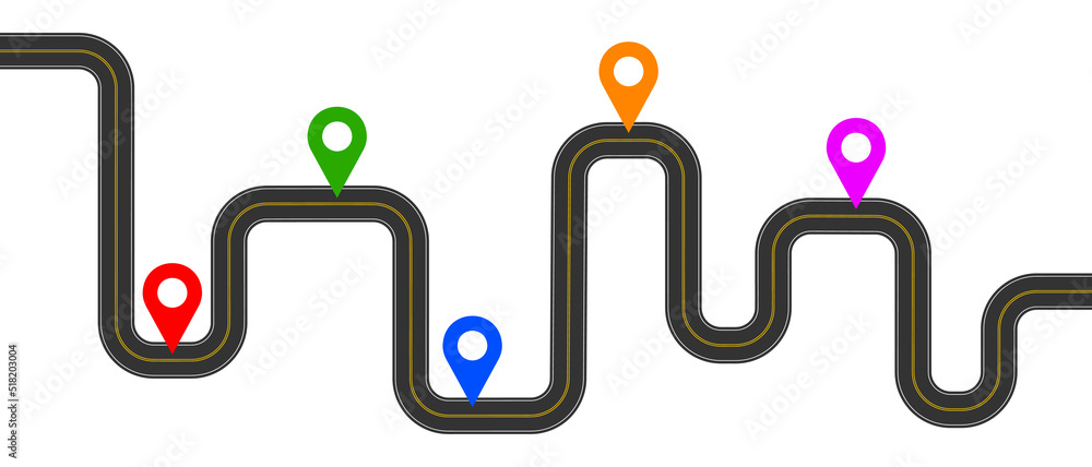 Winding roadmap with colorful map pins signs. Delivery, trip, travel plan infographic template isolated on white background. Vector flat illustration Winding roadmap with colorful map pins signs. Delivery, trip, travel plan infographic template isolated on white background. Vector flat illustration