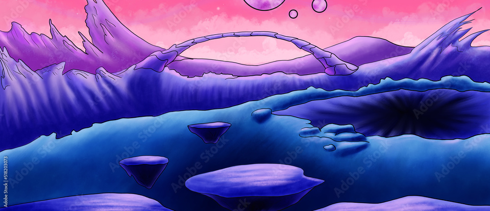 Alien landscape on an unknown planet with a view of the horizon through ...