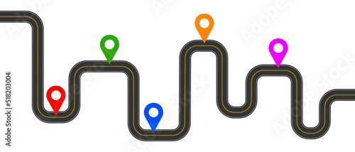 Winding roadmap with colorful map pins signs. Delivery, trip, travel plan infographic template isolated on white background. Vector flat illustration