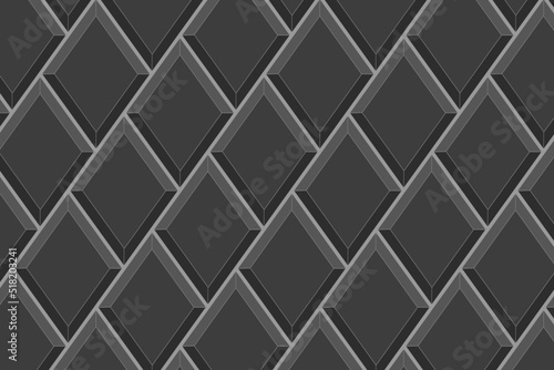 Black rhombus tile in diagonal arrangement. Ceramic or brick wall seamless pattern. Diamond mosaic background. Interior or exterior decoration texture. Vector flat illustration