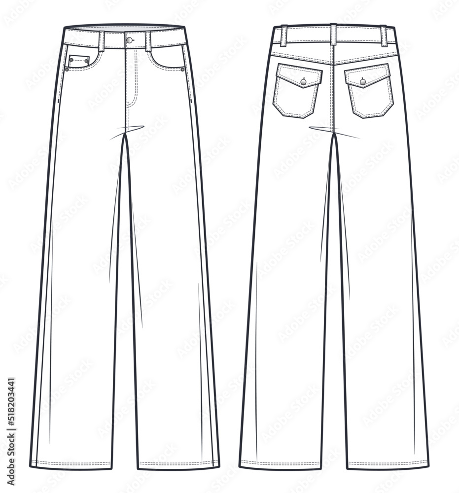 Stockvector Unisex Jeans pants fashion flat technical drawing template.  Jeans medium waist, straight fit, women, men, front view, back view, white,  CAD mockup. | Adobe Stock