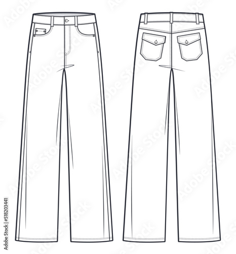 Unisex Jeans pants fashion flat technical drawing template. Jeans medium waist, straight fit, women, men, front view, back view, white, CAD mockup.