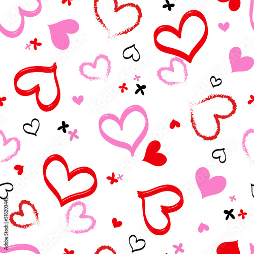 Pattern with hearts. Surface pattern design. Seamless, endless print design. Sweet red and pink hearts for kids and lovers. It can be printed on fabric, paper or for digital uses.