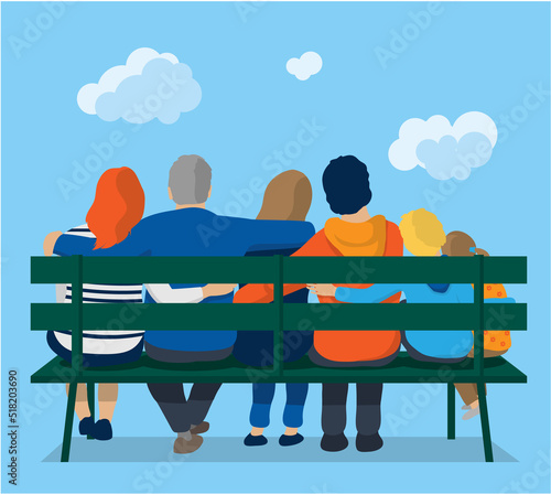 illustration vectorielle représentant une famille unie , tournée vers l'avenir se tenant par la taille. Parents, grands parents et enfants se soutiennent et sont assis sur un banc photo