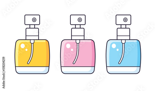 Yellow, pink and blue perfume spray bottle isolated, vector set.