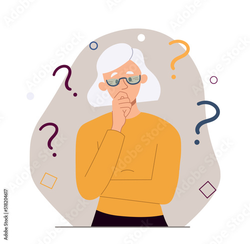 Pensioner in quandary. Confused grandmother props up his head with his hand, trying to remember. Sick elderly people, Alzheimers and brain dysfunction, amnesia. Cartoon flat vector illustration