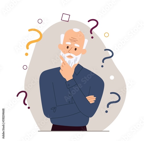 Pensioner in quandary. Grandfather looking for answer to question or trying to remember some fact. Diseases of elderly, Alzheimers and amnesia. Senior difficulties. Cartoon flat vector illustration