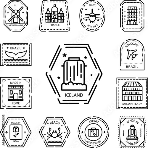 Passport stamp, visa, Iceland icon in a collection with other items