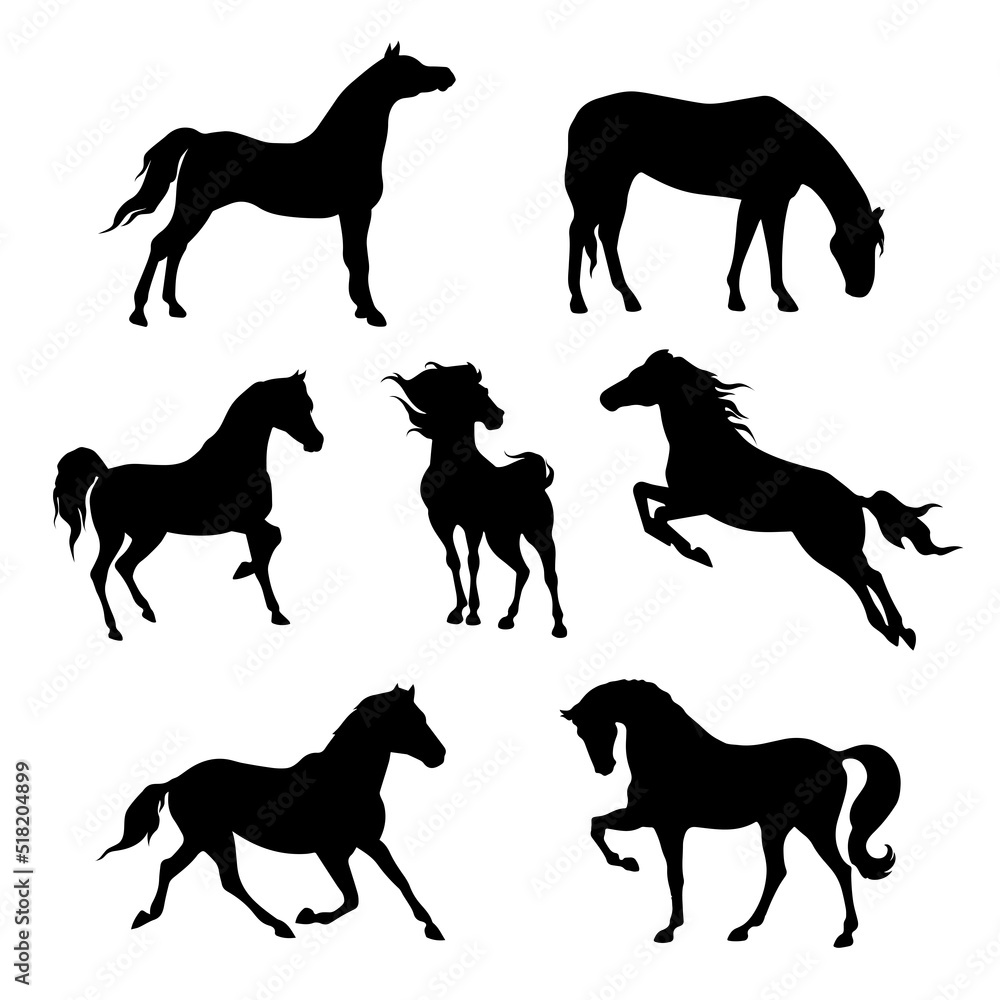 Black horses sticker pack for design websites, applications or social network communication. Different black stallions as stickers for web design.
