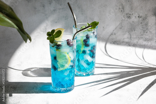 Valokuva Colorful summer alcoholic blue drink with ice and fresh blueberries, garnished with lemon slices and mint