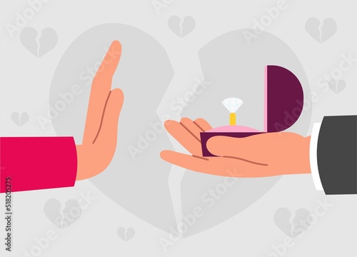 Reject marriage concept. Girl breaks guys heart, bad relationship in young couple. Romantic difficulties and problems, awkward situation. Woman does not accept ring. Cartoon flat vector illustration
