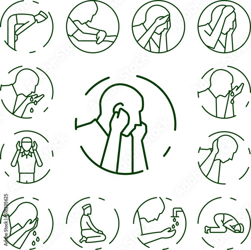 Muslim man prayer salah icon in a collection with other items