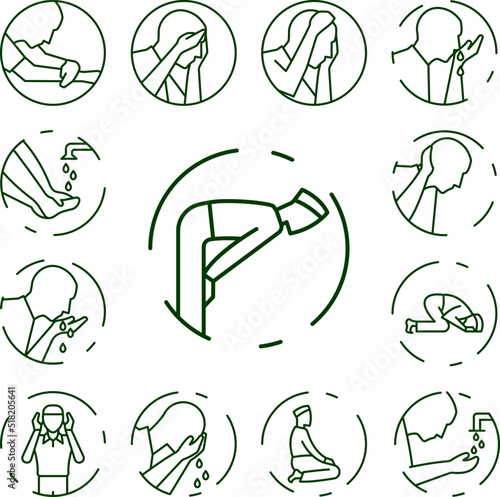 Muslim man prayer ruku icon in a collection with other items
