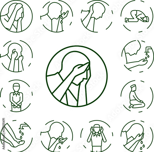 Muslim man prayer salah icon in a collection with other items