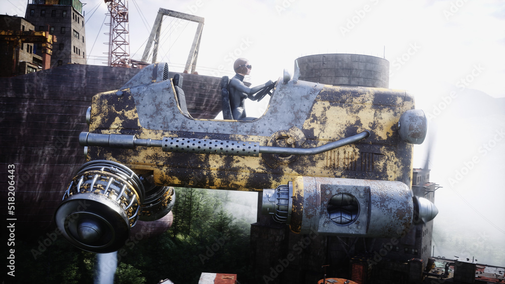 Fantasy fairy cyberpunk city. Girl in flying car. Postapocalypde concept. 3d rendering. Fantasy fairy cyberpunk city. Girl in flying car. Postapocalypde concept. 3d rendering.