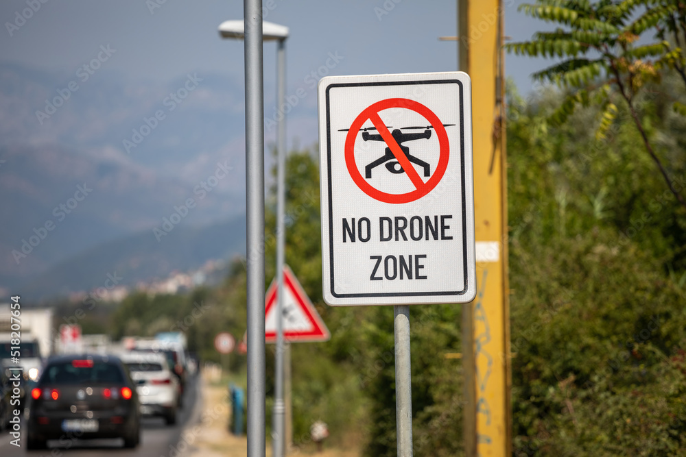 No-fly zone - drone fly forbiden - sign near the airport in Tivat No-fly zone - drone fly forbiden - sign near the airport in Tivat