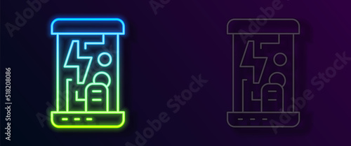 Glowing neon line Futuristic cryogenic capsules or containers icon isolated on black background. Cryonic technology for humans or cryogenic chamber. Vector