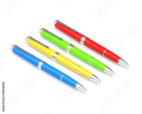 Isometric. A set of pens from different colors on a white background.