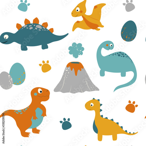 Dinosaurs seamless pattern. Vector illustration for kids design. Cute cartoon dino. Tirex  diplodocus  triceratops  pterodactyl. Cartoon characters dino isolated on white background. Cute baby animals