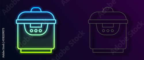 Glowing neon line Slow cooker icon isolated on black background. Electric pan. Vector