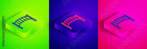 Isometric line Playground kids bridge icon isolated on green, blue and pink background. Square button. Vector