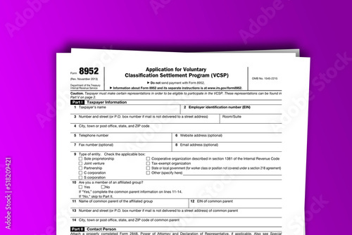 Form 8952 documentation published IRS USA 09.17.2013. American tax document on colored