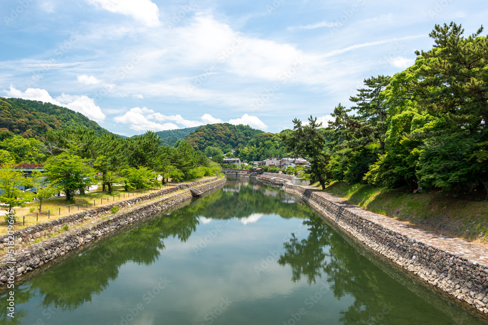 View around Asagiri bridge over Uji river in Uji, Kyoto, Japan View around Asagiri bridge over Uji river in Uji, Kyoto, Japan