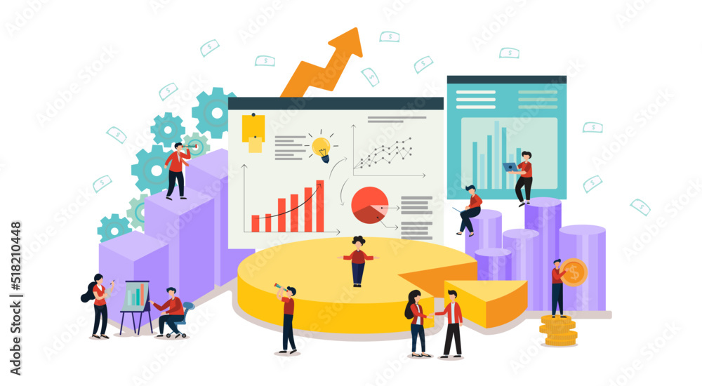Flat illustration. Team collaboration concept. Reporting, charts, development, analysis, workflow, management, marketing of business people.