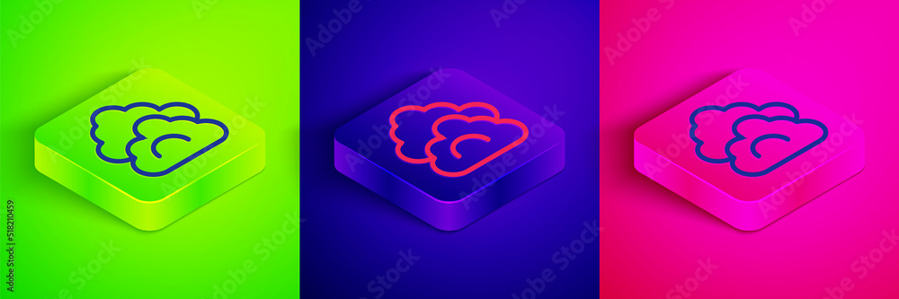 Isometric line Cloud icon isolated on green, blue and pink background. Square button. Vector Isometric line Cloud icon isolated on green, blue and pink background. Square button. Vector
