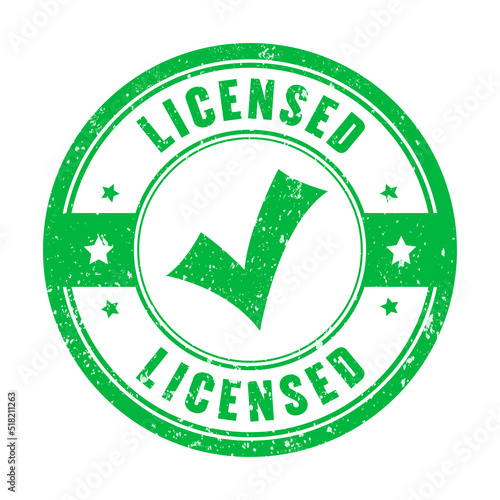 Licensed product business rubber vector stamp on white background. Tick licensed ink rubber imprint.
