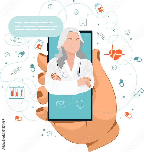 The doctor is on the phone Call a doctor Online doctor s consultation. Laboratory analyzes online View videos or video chat with the doctor Vector illustration
