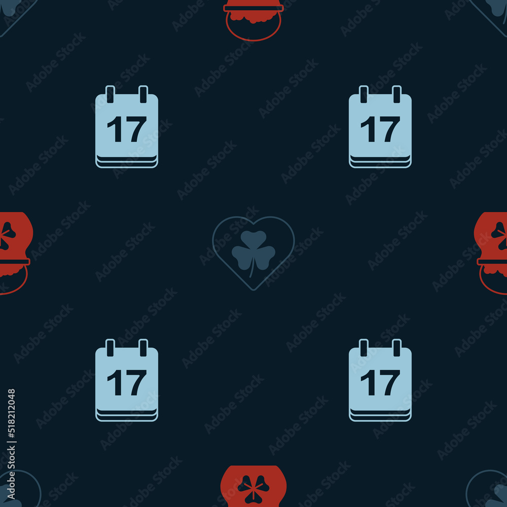 Set Pot of gold coins, Heart with clover trefoil leaf and Saint Patricks day calendar on seamless pattern. Vector Set Pot of gold coins, Heart with clover trefoil leaf and Saint Patricks day calendar on seamless pattern. Vector