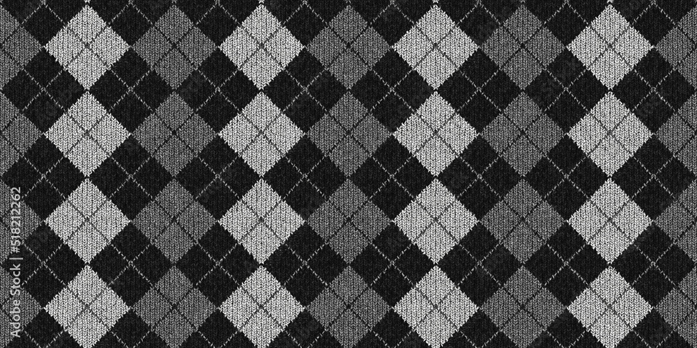 Seamless diamond argyle wool knit fabric background texture. Tileable black and white monochrome greyscale knitted sweater, scarf or cozy winter socks pattern. Woolen crochet textile 3D rendering.. Seamless diamond argyle wool knit fabric background texture. Tileable black and white monochrome greyscale knitted sweater, scarf or cozy winter socks pattern. Woolen crochet textile 3D rendering..