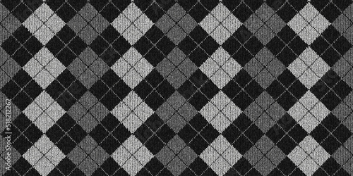 Seamless diamond argyle wool knit fabric background texture. Tileable black and white monochrome greyscale knitted sweater, scarf or cozy winter socks pattern. Woolen crochet textile 3D rendering.. photo