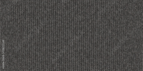 Seamless mottled dark grey wool knit fabric background texture. Tileable monochrome greyscale knitted sweater, scarf or cozy winter socks pattern. Realistic woolen crochet textile craft 3D rendering. photo