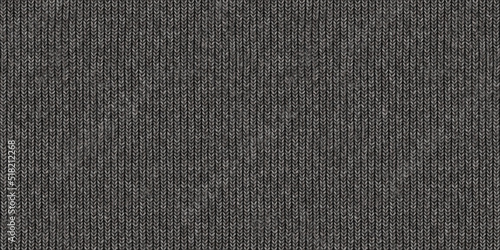 Seamless mottled dark grey wool knit fabric background texture. Tileable monochrome greyscale knitted sweater, scarf or cozy winter socks pattern. Realistic woolen crochet textile craft 3D rendering.